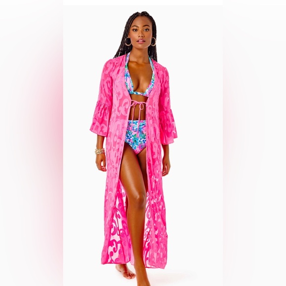 Lilly Pulitzer Motley Maxi Flowy Coverup XS Aura Pink Poly Crepe Swirl - Picture 3 of 3